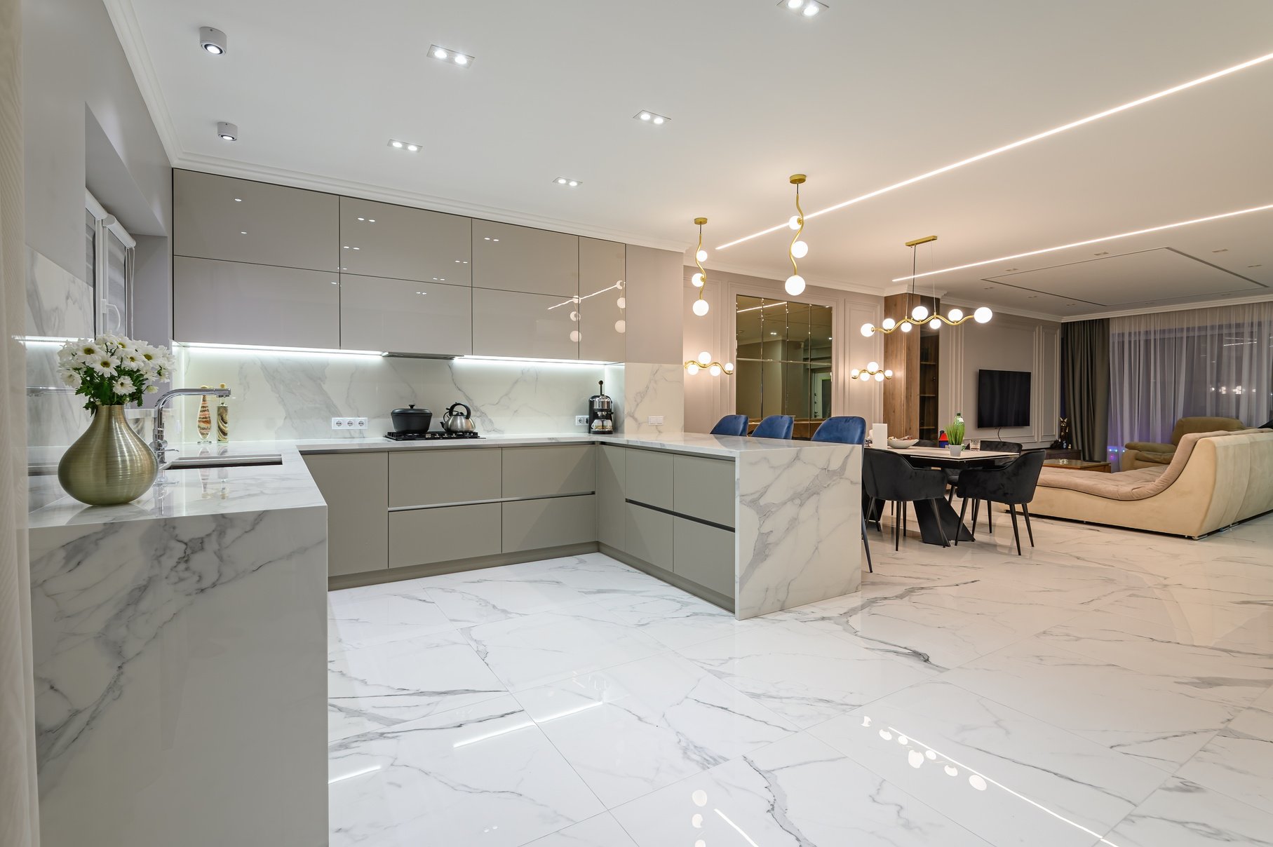 Luxury white modern marble kitchen in studio space